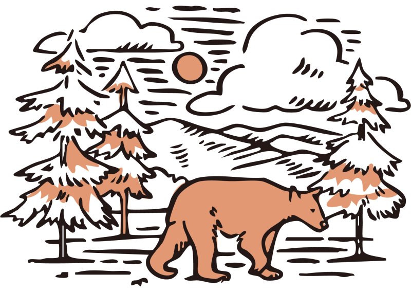 A bear walks among snow-covered pine trees in a forest, with mountains, clouds, and the sun in the background, depicted in a simple, hand-drawn style. Darby Communications PR + Digital Marketing